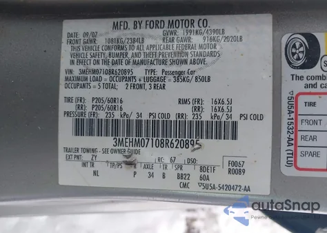 2008 Mercury Milan V6 z USA, uszkodzony, nr VIN 3MEHM07108R620895